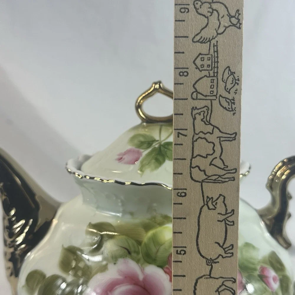 Vtg Lefton Heritage Rose Tea Set Teapot Sugar Creamer Bud Vase Gold Hand Painted
